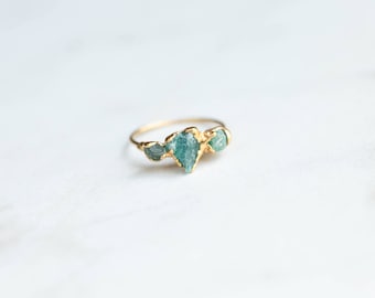 Triple Stone Ring, Stacking Ring, Raw Crystal Ring, May Birthstone Ring, Boho Ring, Gold Ring, Gemstone Ring, Triple Emerald Ring