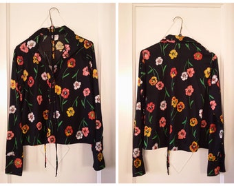 Black & Floral Print 1970s Long Sleeve Polyester Blouse Colorful Pansies