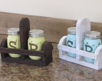 Mason Jar Salt and Pepper, Salt and Pepper Shakers, Mason Jar Kitchen Set, Canister Set, Rustic Mason Jar Décor Hand Painted Salt Cellar
