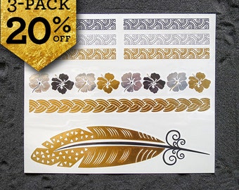Metallic Tattoos, Pack SUMMER 20% Off, 3 sheets TATTOOS, METALLIC Temporary Tattoos, Bracelets Gold Tattoos, Geometric boho tattoos