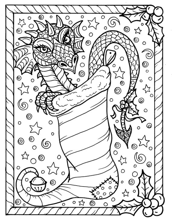 Download Dragon Christmas Coloring page Digital JPG file Adult color