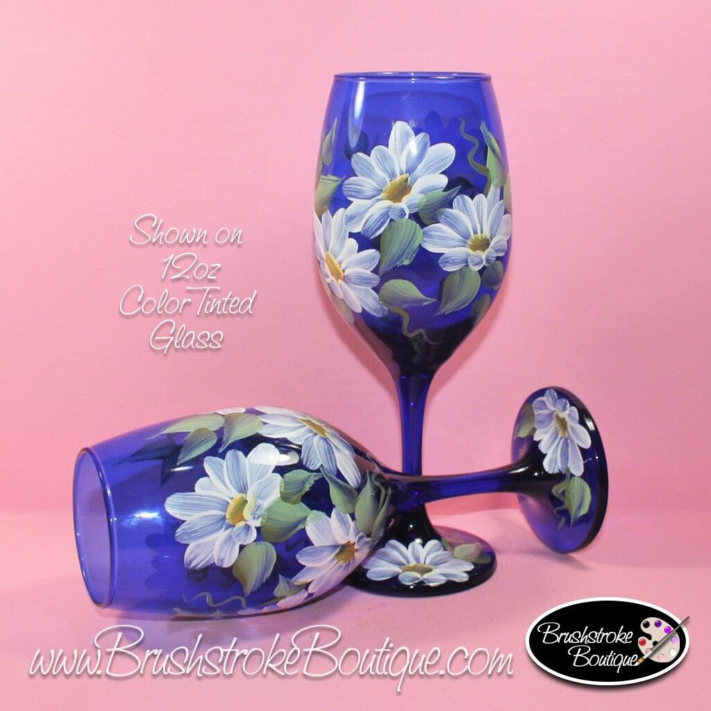 Hand Painted Wine Glasses Daisies on Cobalt Blue Tinted