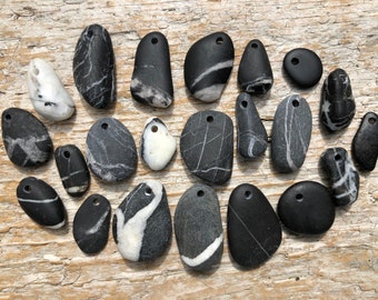 Natural Beach Stone PENDANTS Charms BLACK and WHITE Stone Supply Lake Stone 2mm