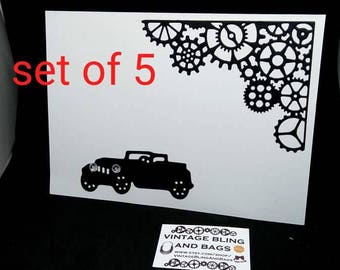 PACK OF CARDS, blank card, steampunk card, masculine card, cards for men, cars, paper cut card, vintage car card, card, mens birthday card