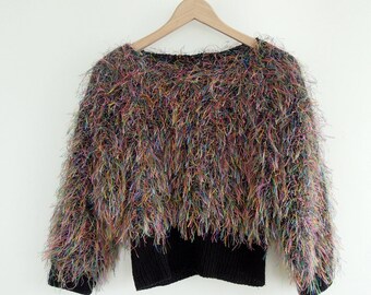 Shaggy Cropped Sweater Size Small Multi Colored Neon Shag Sweater Textured Sweater Confetti Cropped Sweater Vintage Glam Rock Star Sweater