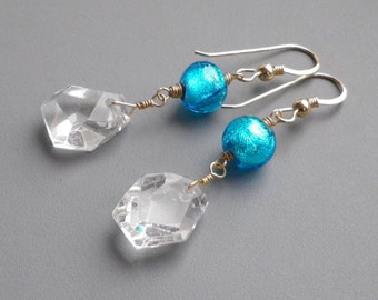 Rock Crystal Blue Murano Gold Earrings