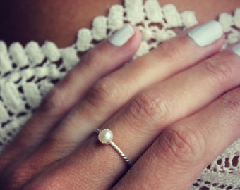Pearl ring, Sterling silver ring, stacking ring, rope ring, midi ring, stackable ring