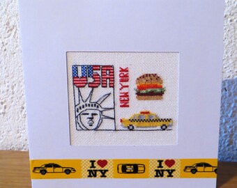 Hand embroidered card: I love New York