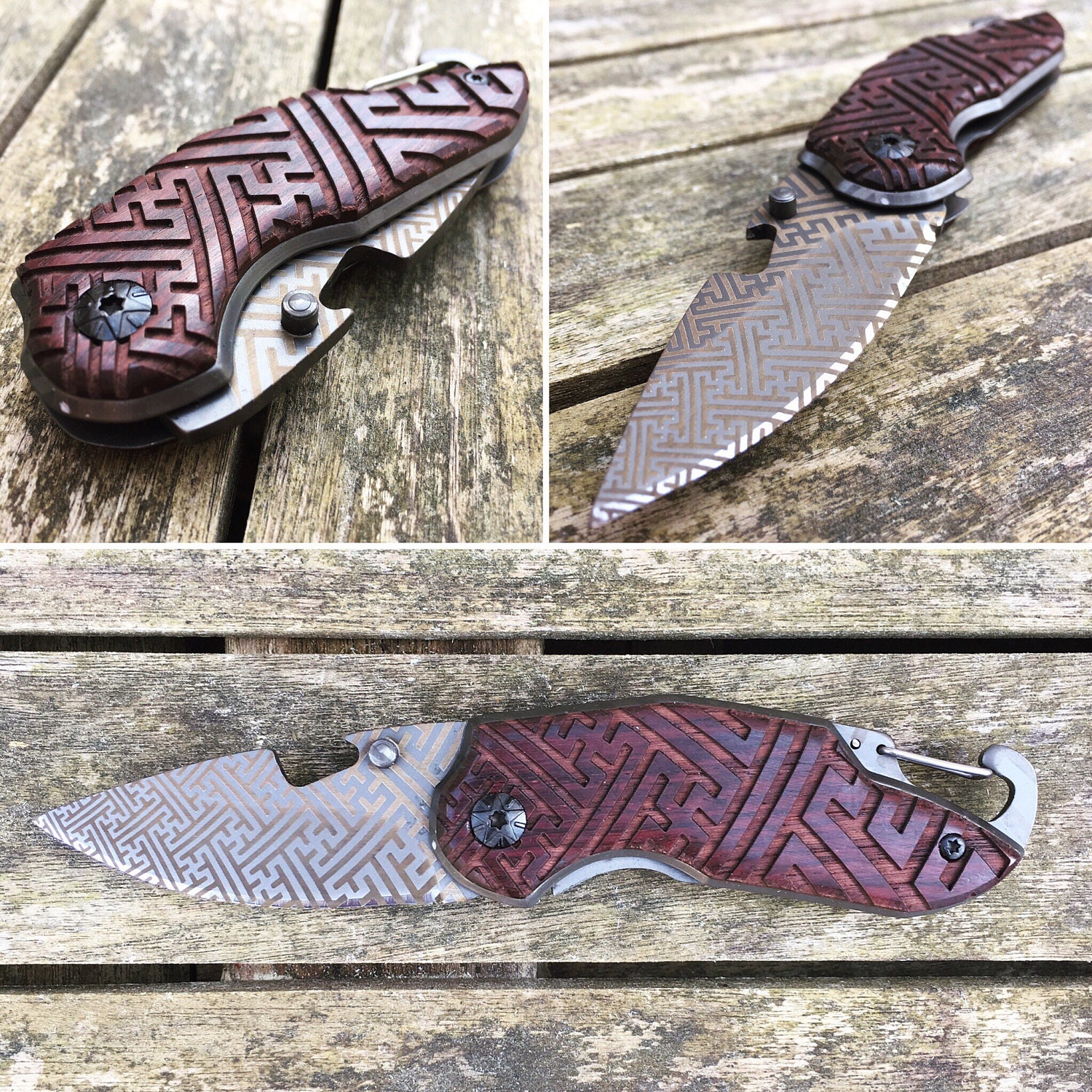Folding knife with sacred geometric pattern engraving from ItsClearCut