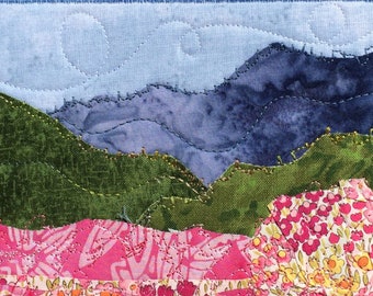 Flower Landscape - Housewarming Gift - Fabric Postcard - Quilted Postcard - Mountain Fiber Art - Greeting Card - Wall Decor - Nature Art