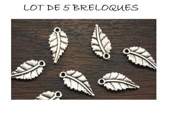 SET of 5 Silver feather (B80) leaf charms