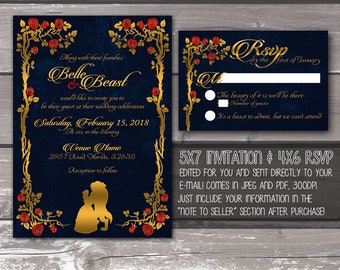 Beauty and the Beast Printable Wedding Invitation -- DIGITAL PRODUCT / DIY Invite / Fairy Tale / Disney / Gold and Navy / rsvp / invitations