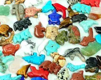 Ten Gemstone Mixed Fetish Beads Zuni Style Southwestern Totem Animal Guardian Horse Bird Bear Fish Turtle Wolf Buffalo Frog Squirrel Dolphin