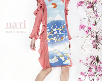 SAKURA cherry blossom bird DRESS flouncy silk tulle mauve pretty long sleeve