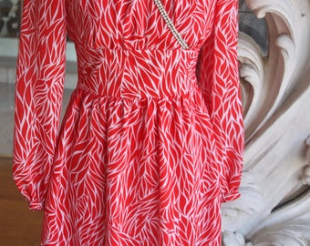 Vintage 1970s Red Print Empire Waist Cross Bodice Dress with Rhinestones