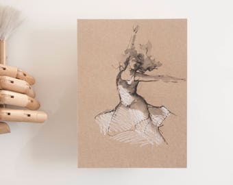 Female art drawing, original drawing, art, drawing on paper craft, original art, modern female art, spirituality, movement, dancer drawing