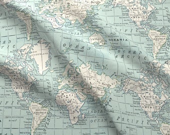 maps fabric soft blue and cream repeat by aftermyart maps world globe blue cream