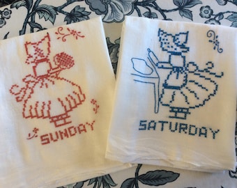 Hand Embroidered Weekend Dish Towels /Red, White and Blue