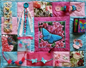 Blue Skies and Butterflies Fidget Blanket - Fidget Quilt for Dementia, Alzheimer, Stroke, Nursing Home patients with many calming activities