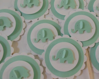 Elephant Cupcake Toppers - Mint Green and White - Gender Neutral - Baby Shower Decorations - Birthday Decorations - Set of 12