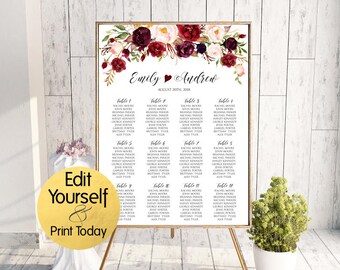 Editable Seating Chart Template, Burgundy Wedding Seating Chart, Marsala Seating Chart, Wedding Seating Board, DIY Seating Chart, W2