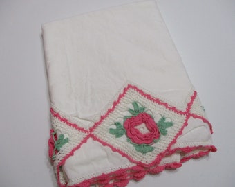 Vintage Embroidered Pillowcase Single-Floral-Pink Crochet Rose-Cottage Chic