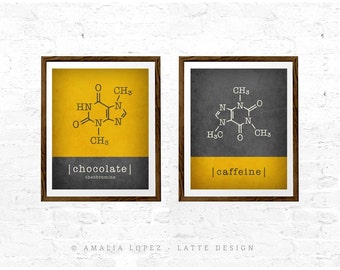 Caffeine molecule & chocolate molecule Set of 2 prints Caffeine print coffee yellow print caffeine molecule caffeine poster kitchen print