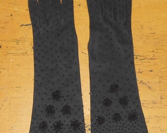 Vintage Black Gloves with Beading - Ladies Gloves - Evening Gloves - Size 7