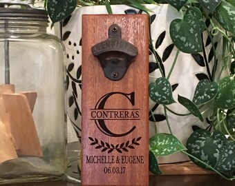 Personalized Wood Bottle Opener, Cap Catcher, Wall Mounted Bottle Opener, Wedding Monogram, Laurel Leaf, 5th Anniversary, Groomsman Gift