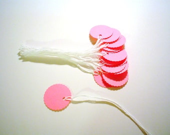 Bright Pink - Cardstock Tags - 1in. Prestrung Round Scalloped Tags - Free Secondary Shipping