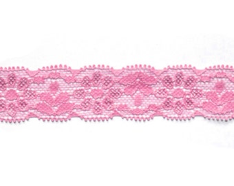 1" Lace Elastic Carnation Pink, Stretch Elastic, 5 or 10 Yards