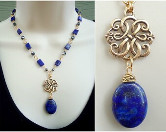 Blue Lapis Lazuli Stone Pendant Necklace.Gold.Silver.Navy Blue.Statement.Beadwork.Bridal.Beaded Necklace.Chunky.Holiday.Gift.Handmade.