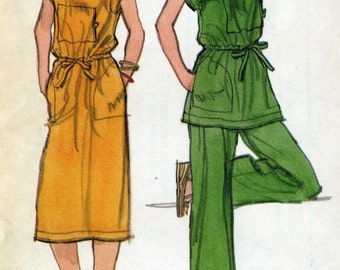 Vintage 70s Vogue 9726 UNCUT Misses Dress or Tunic with Drawstring Waist, Straight Legged Pants, Sewing Pattern Size 14 Bust 36