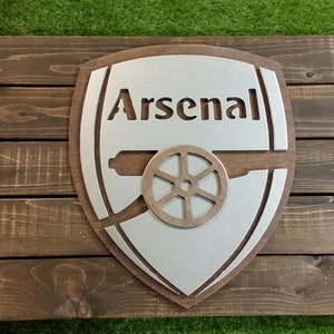 Aresenal FC Soccer Sign with Maple Backdrop Metal Style Sign MDF Board Cut Out Logo With Faux Metal Finish Rustic Pallet Wood