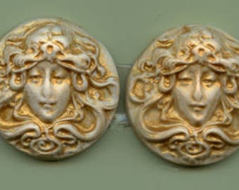 Sale ! 2 Golden Polymer Cabs Un drilled Art Nouveau faces SANP 4
