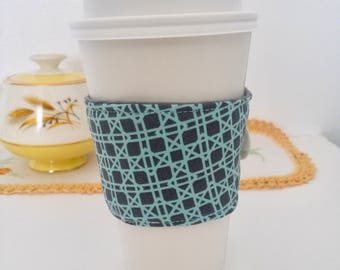 Coffee Cozy, Coffee sleeve, Coffee Cup Cozy, Teal Coffee Cozy, Geometric Coffee Cup Cozies, Fabric Coffee Cozy, Teal & Gray Coffee Cozy,