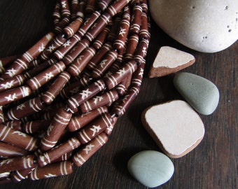 Brown tube bone beads, with a carved designs, natural Irregular look, boho exotic beads 20 to 22mm long (10 beads) 6db3-8