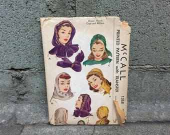 40's McCall 1358 Pattern Misses' and Ladies' Hood, Hood with Capelet, or Soft Hat/Headwrap, plus Mittens - Transfer Included
