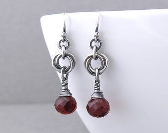 Dainty Birthstone Earrings Simple Silver Drop Earrings Garnet Earrings Birthstone Jewelry Rustic Jewelry Minimalist Jewelry - Love Knot