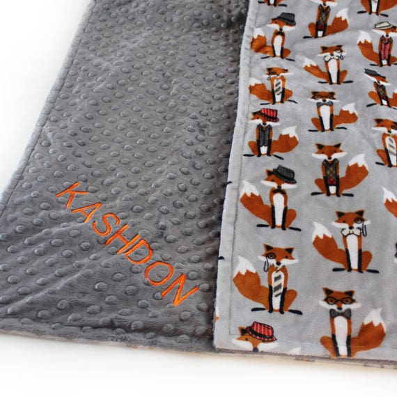 Baby Boy Minky Baby Blanket, Personalized Baby Blanket, Rust Gray Fox Baby Blanket, Woodland Blanket, Baby Shower Gift, Name Baby Blanket