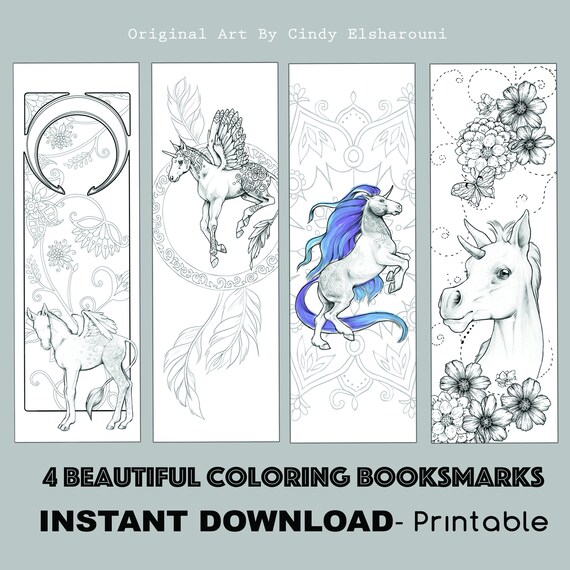 Instant Download Bookmark Coloring Horse Animal Flower