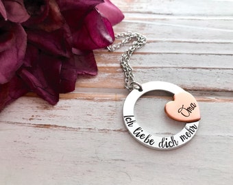 German Mother's Day Ich Liebe Dich Mehr Oma I Love You More Grandma Hand Stamped Washer Heart Pendant