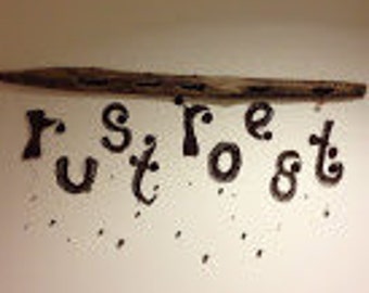 Wire crochet driftwood wall Art, Words in copper letters, sitting still Rust, Love Home, love, open your heart, modified crocheted wall art