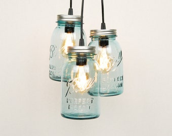 Mason Jar Chandelier - 3 Vintage Quart Jars (Aqua)