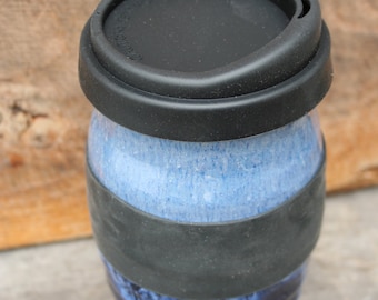 Pottery travel mug! Blue ceramic to-go cup with silicon lid. Take your coffee or tea with you without leaving your favorite mug behind.
