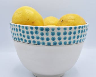 Serving Bowl with Turquoise Polka Dots