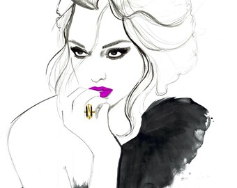 Fuchsia Lip, print from original watercolor and pen fashion illustration by Jessica Durrant