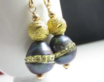 Gold Finish Rhinestone Pearls on Gold-Fill Earrings