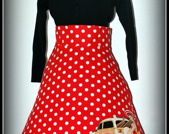 Retro Rockabilly Red and White Polka Dot Skirt with Tiki Pin up Girl..... Size L