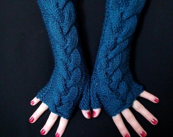 Fingerless Gloves Blue Dark Ocean Cabled Wrist Warmers, Extra Long and Soft